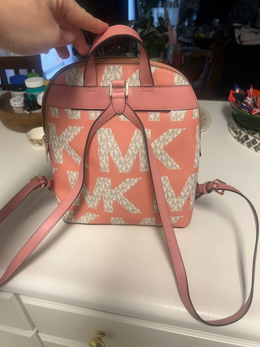 MICHAEL KORS Coral and White MK Logo Backpack. Used one time - Picture 3 of 5